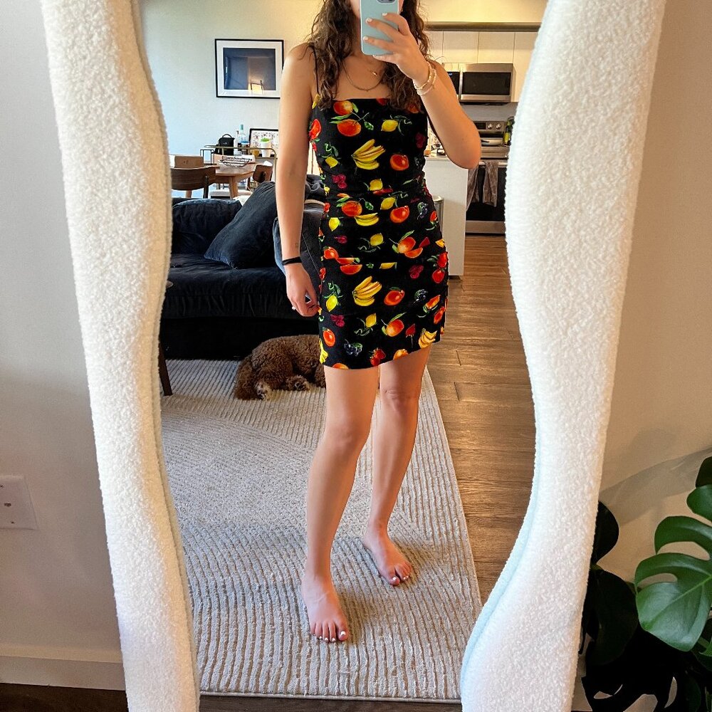 WoreWhat Ronnie Square Neck Ruched Mini Dress in Black and Fruit Print